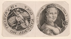 Busta ženy držící flétnu a hudební nástroje, na jednom listu od Hendrick Goltzius