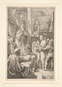 Kristus před Kaifem, z Umučení, č. 4 v sérii 12 rytin od Hendrick Goltzius