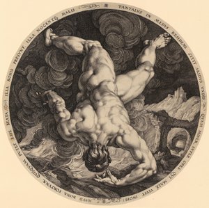 Pád Tantala, list 1 ze série "Čtyři útočníci na nebe" od Hendrick Goltzius
