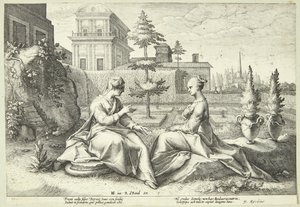 Juno převlečená za Beroë varuje Semele od Hendrick Goltzius