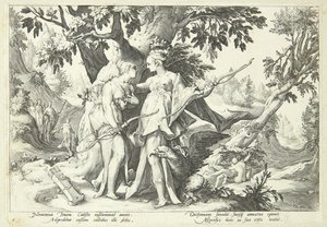 Jupiter převlečený za Dianu svede Kallisto od Hendrick Goltzius