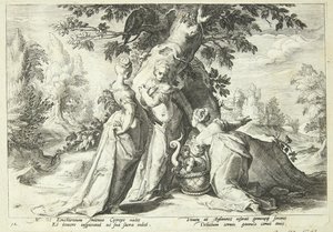 Kekropovy dcery otevírají košík, který jim svěřila Minerva od Hendrick Goltzius