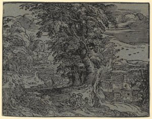 Krajina se sedícím párem a pastýřem, list 2 ze série „Čtyři malé krajiny“ od Hendrick Goltzius