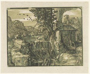Krajina s vodopádem Čtyři malé krajiny (název série) od Hendrick Goltzius