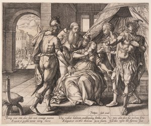 Lukrécie se zabíjí, z knihy Příběh Lukrécie od Hendrick Goltzius