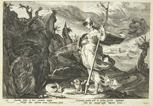 Minerva nařídí závisti, aby naplnila Agraulosovo srdce žárlivostí od Hendrick Goltzius