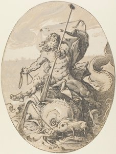 Oceanus, talíř dva z Demogorgon a božstva od Hendrick Goltzius
