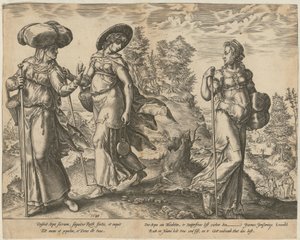 Orpa opouští Rút a Noemi [strana 1] a Rút na poli před Boázem [strana 2], strany 1 a 2 série „Příběh Rút“ od Hendrick Goltzius