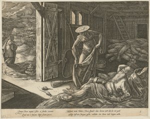 Rút a Boaz ve stodole, list 3 ze série „Příběh Rút“ od Hendrick Goltzius