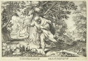 Teiresias udeří hůlkou dva pářící se hady od Hendrick Goltzius