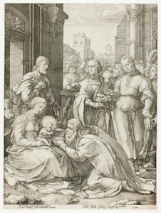 Klanění tří králů, deska pět z Narození a raného života Krista od Hendrick Goltzius