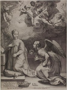 Zvěstování, první deska z Narození a časného života Krista od Hendrick Goltzius