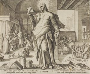 Lékař považovaný za Boha, deska jedna z Alegorií lékařské profese. od Hendrick Goltzius
