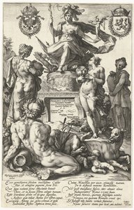 Titulní tisk pro edici Římští hrdinové Roma (název na objektu) Římští hrdinové (název série) od Hendrick Goltzius