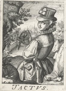 Pocit (Tactus), žena s ptákem Tactus (název na objektu) Pět smyslů (název série) od Hendrick Hondius (rejected attribution)