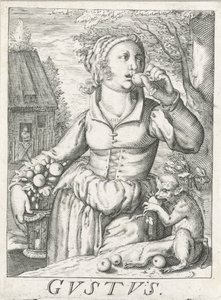 Chuť (Gustus), žena s ovocem Gustus (název na objektu) Pět smyslů (název série) od Hendrick Hondius (rejected attribution)