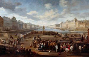 Pohled na Paříž s Louvrem z mostu Henriho IV (Actuel Pont Neuf). Obraz od Hendrickse Mommerse (1623-1693)