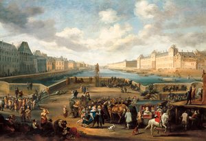 Pohled na Paříž s Louvrem z mostu Jindřicha IV. (Pont neuf) - olej na plátně
