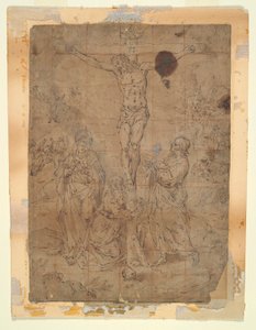 Kristus na kříži mezi Pannou a svatým Janem s pašijovými výjevy v pozadí od Hendrick de Clerck
