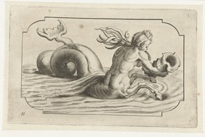 Mořský koník s mužskou horní částí těla Nouveau Livre des Dieux et Deeßes De la Marine Bouckje mořských bohů a bohyň (název série)