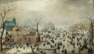 Zimní krajina s bruslaři. c.1608 (olej na panelu)