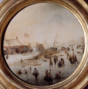 Zimní krajina s bruslaři Malba Hendricka Avercampa (1585-1634) Průměr 25 cm Musei di Strada Nuova (ex Palazzo Rosso)