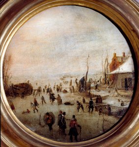 Zimní krajina s bruslaři a hokejisty Malba Hendricka Avercampa (1585-1634) Průměr 25 cm Musei di Strada Nuova (ex Palazzo Rosso) Genes Itálie