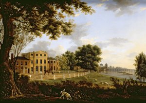 Pohled na farmu Chelsea s Temží a mostem Battersea, 1790
