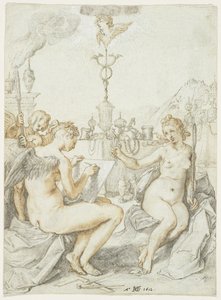 Alegorie na umění kresby se znakem umělce, 1612 (tuš, křída a kvaš na papíře) od Hendrik Goltzius