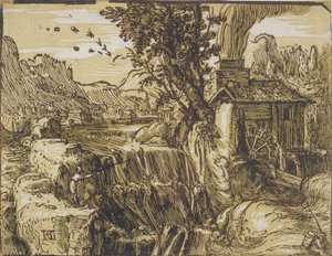 Krajina s vodopádem od Hendrik Goltzius