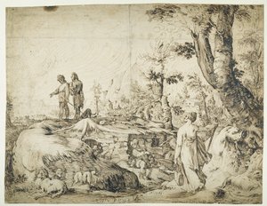 Krajina s rolníky u chýše od Hendrik Goltzius