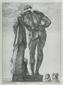 Pohled zezadu na Farnese Hercules (mědirytina) od Hendrik Goltzius