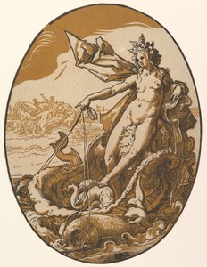 Tethys ležící v obřím skořápkovém voze taženém dvěma mořskými tvory, 1588-90. od Hendrik Goltzius