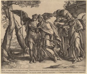 Lot a jeho dcery opouštějící Sodomu od Hendrik Goltzius after Anthonie van Blocklandt