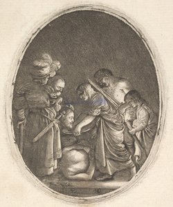 Salome přijímající hlavu Jana Křtitele, obklopená třemi muži a dítětem bea..., ca. 1610.