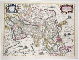 Obecná mapa zahrnující Arábii, Japonsko, Korejský poloostrov a větší část Indonéského souostroví, 1631 (barevná rytina)