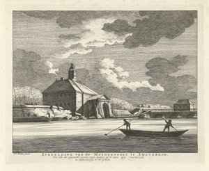 Prohnutý Muiderpoort, při pohledu ze Singelgracht, 1769 Obrázek Muyderpoortu v Amsterdamu, Zoo jako zhrouceného syndu, lze vidět zvenčí, klikatě (název na objektu) od Hendrik Keun