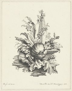 Ornament s granátovým jablkem s listy a obeliskem od Hendrik Nieuwenhuysen