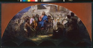 Vjezd Krista do Jeruzaléma. (jezdí na oslu, obklopený davem mávajícím a kladoucím větve na cestu). Dílo Henryka Siemiradzkiho (1843-1902), olej na kartonu od Henryk Siemiradzki