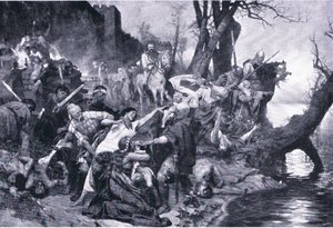 Warriors of Sviatoslav at masakru pod hradbami Dexter (Durostorum), ilustrace z Landmarks in European History vydané Gresham Publishing Co, kolem 1920 (litho) od Henryk Siemiradzki