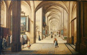 Interiér kostela se sakristánem zobrazujícím návštěvníkům obraz, 1608 (olej na kartě)