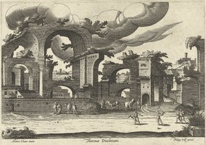 Ruiny Diocletianových lázní z boku se dvěma muži hrajícími kroket v popředí, 1585. od Hendrik van Cleve III