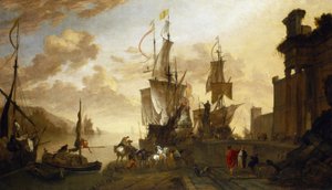 Navigace v Livornu (Itálie), dvě lodě zakotvené v přístavu, idealizovaný popis hlavního toskánského přístavu, námořní křižovatky mezi Východem a muslimským světem, který představuje velbloud a neevropské postavy, a Evropou, kterou symbolizuje velbloud.