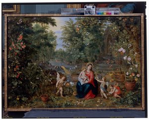 Panna A Dítě Sedí V Zahradě S Putti, Ptáci A Zvířaty od Hendrik van the Elder Balen