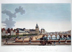 Pohled na květinový trh u Justičního paláce, kolem roku 1816-20 (barevná rytina)