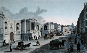 Pohled na fontánu na Rue de Grenelle, Faubourg St. Germain, ryl Grimbergen, kolem 1815-20 (barevná rytina)
