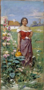 Camargaise džbán Mladá žena oblečená s cikánem v poli. Obraz Adriena Henriho Tanouxe (1865-1923) 20. století Povinná zmínka: Collection fondation needs de Provence, Marseille