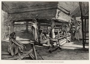 Batakové ženy, etnická skupina Severní Sumatra, tkaní. Rytina Laurenta Desrousseauxe k ilustraci příběhu „“ jeden rok v Malajsii“, od Julese Clainea (1856-1939), v letech 1889-1890, v Le tour du Monde 1892, režie Edouard Charton (1807-1891), Hachette, Pa