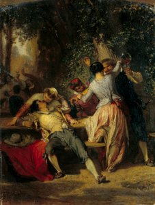 Kabaretní scéna Páry tančí a líbají se. Obraz Henriho Barona (1816-1885) 19. století Sun. 0,35 x 0,27 m