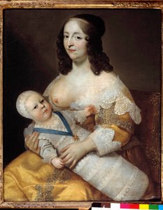 Reprezentace budoucího krále Ludvíka XIV. (1638-1715) miminko v plavkách v náručí své sestry Marie de Longuet de la Giraudiere Ženino prso je objeveno a připraveno kojit dítě. Obraz Charlese (1604-1692) a Henriho (1603-1677)